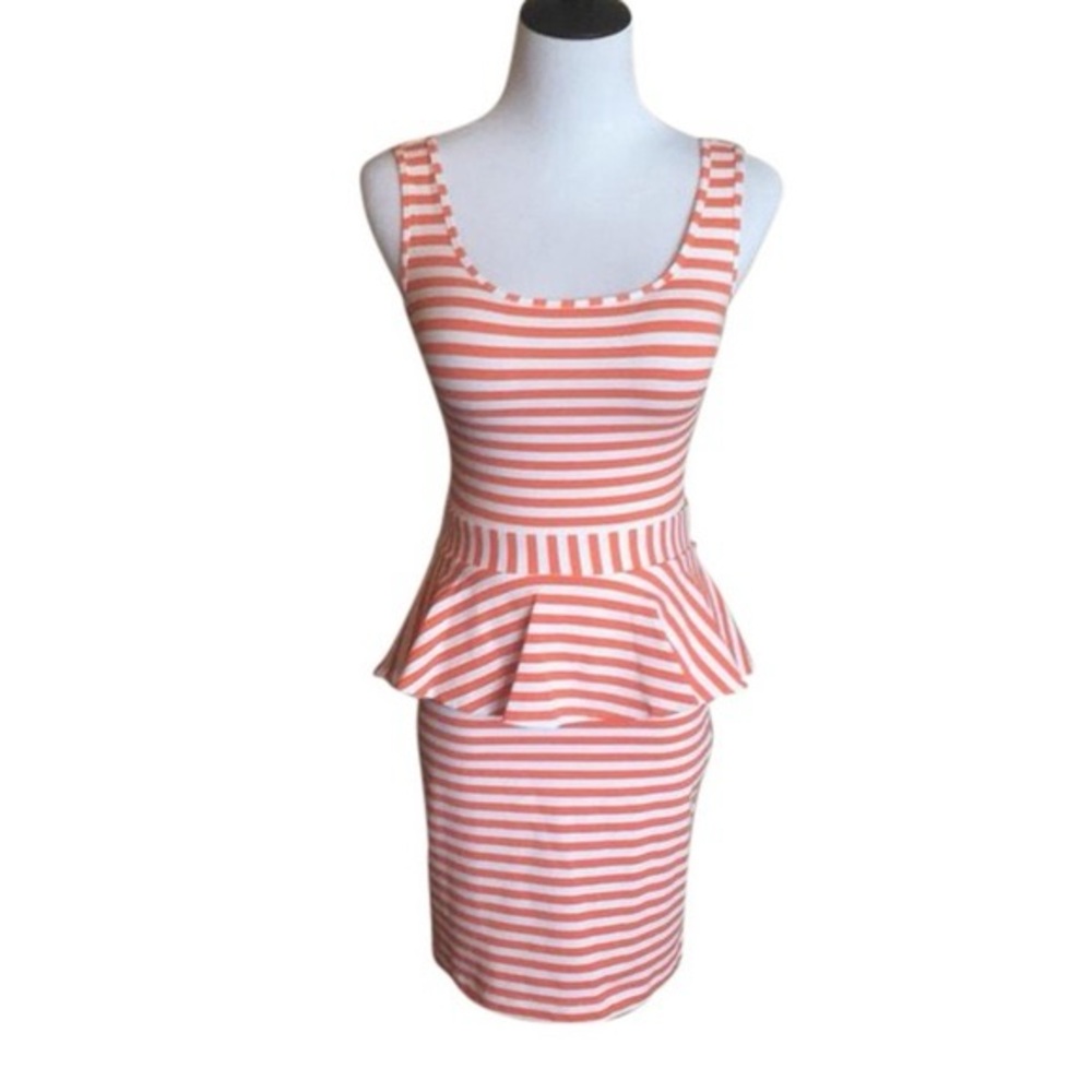 BEBE Striped Peplum Mini Dress Orange White Sleeveless Ruffle XS